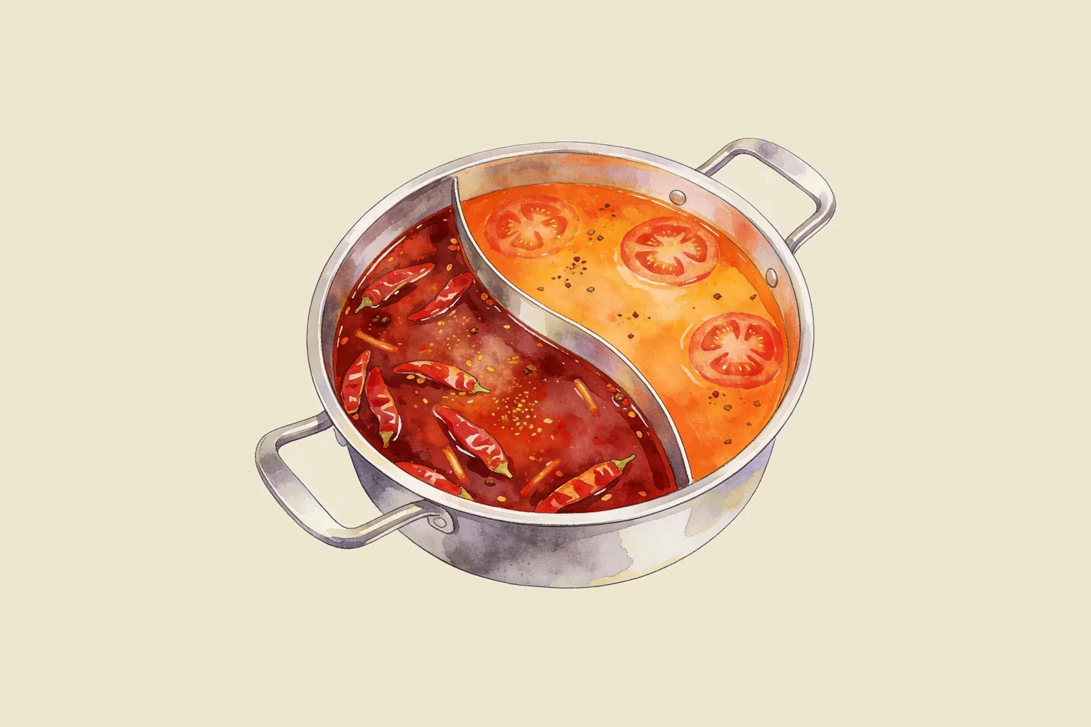 Illustration d'une marmite de fondue chinoise à deux bouillons, rouge pimenté et tomate