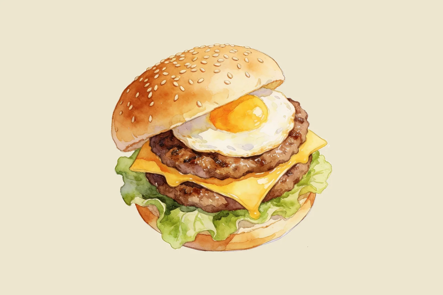 Illustration d'un double burger au bœuf avec œuf au plat, fromage et salade