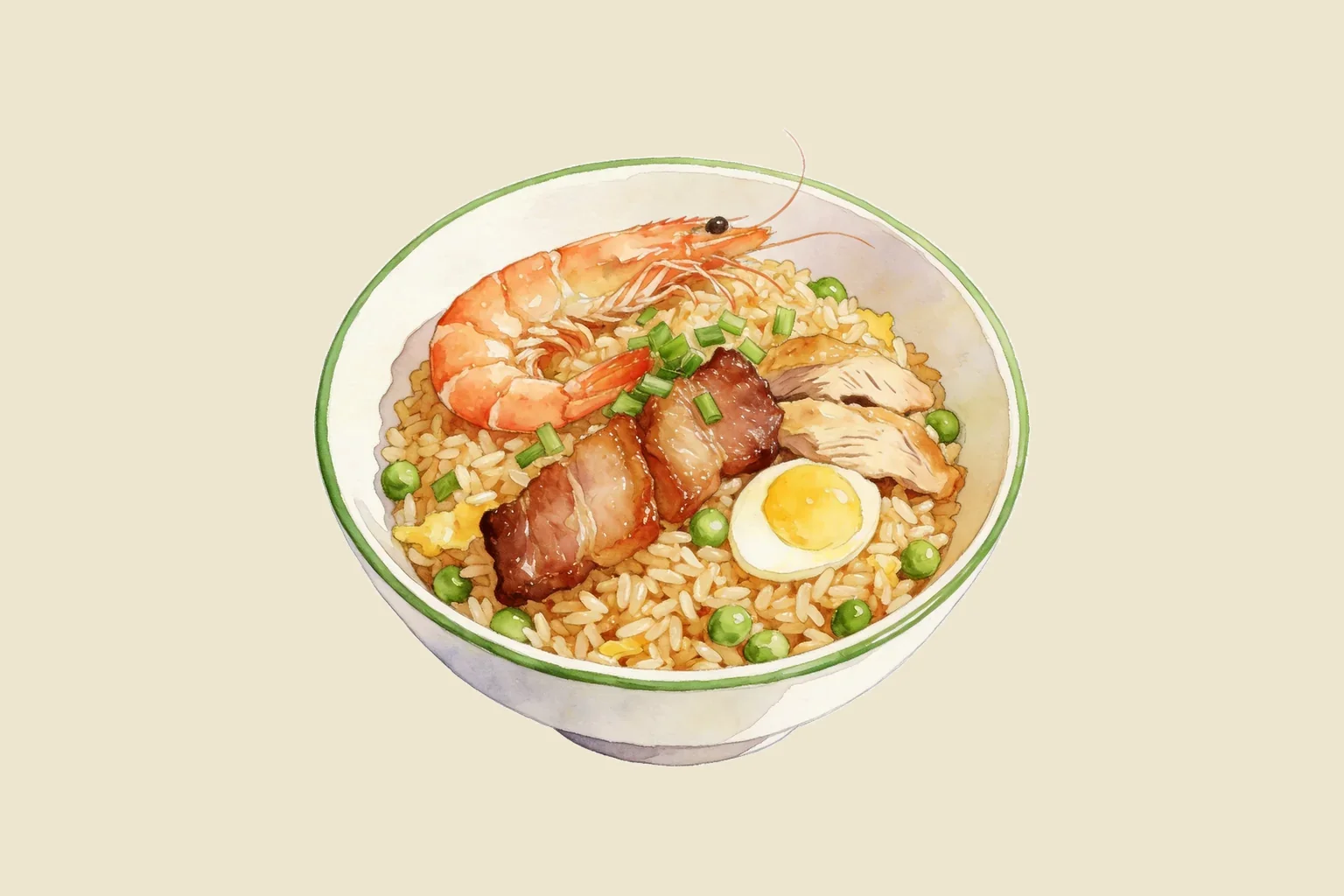 Illustration d'un bol de riz cantonnais aux crevettes, porc laqué et œuf