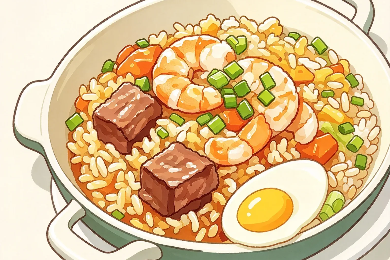Illustration d'un riz sauté aux crevettes, bœuf et œuf