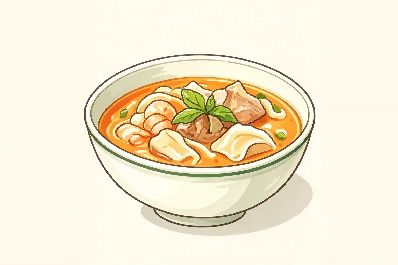 Illustration d'un bol de soupe aux crevettes et raviolis